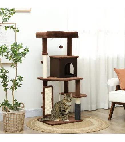 Árbol Rascador para Gatos 132 cm con Plataformas Poste con Cepillo Bolas Colgantes y Almohadilla para Rascar Marrón
