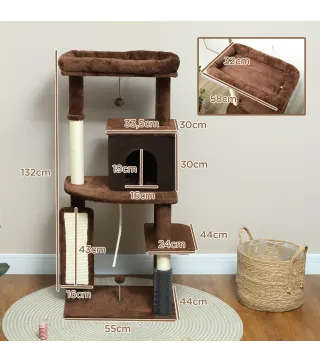 Árbol Rascador para Gatos 132 cm con Plataformas Poste con Cepillo Bolas Colgantes y Almohadilla para Rascar Marrón