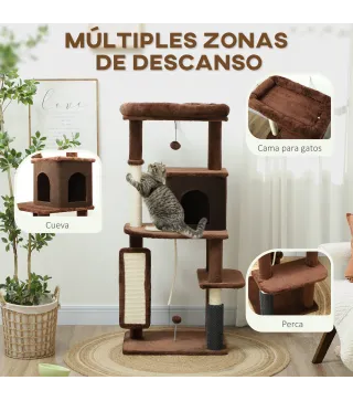 Árbol Rascador para Gatos 132 cm con Plataformas Poste con Cepillo Bolas Colgantes y Almohadilla para Rascar Marrón