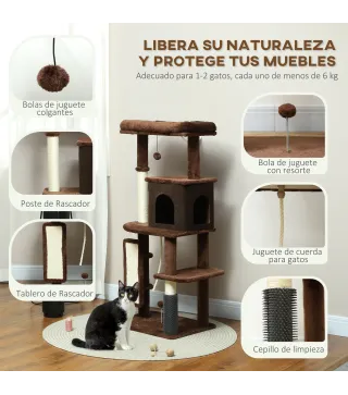 Árbol Rascador para Gatos 132 cm con Plataformas Poste con Cepillo Bolas Colgantes y Almohadilla para Rascar Marrón