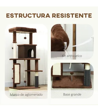 Árbol Rascador para Gatos 132 cm con Plataformas Poste con Cepillo Bolas Colgantes y Almohadilla para Rascar Marrón
