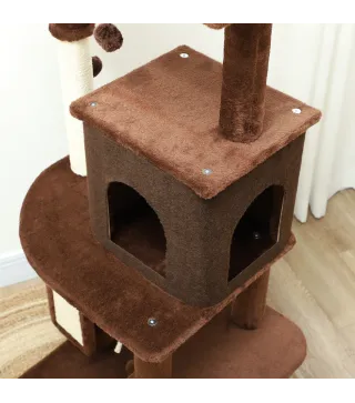 Árbol Rascador para Gatos 132 cm con Plataformas Poste con Cepillo Bolas Colgantes y Almohadilla para Rascar Marrón