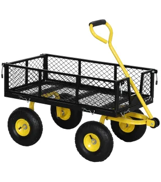 Carro de Jardín Basculante Carga 200 kg con Paneles Laterales Desmontables y 4 Ruedas Neumáticas Negro y Amarillo