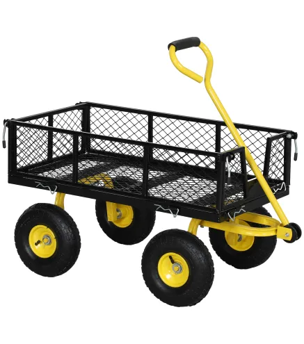 Carro de Jardín Basculante Carga 200 kg con Paneles Laterales Desmontables y 4 Ruedas Neumáticas Negro y Amarillo