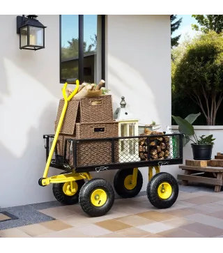 Carro de Jardín Basculante Carga 200 kg con Paneles Laterales Desmontables y 4 Ruedas Neumáticas Negro y Amarillo