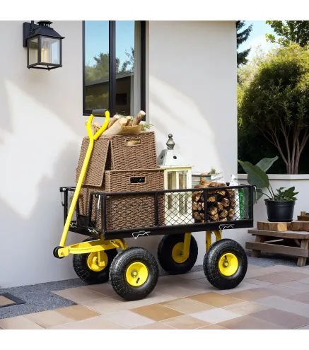 Carro de Jardín Basculante Carga 200 kg con Paneles Laterales Desmontables y 4 Ruedas Neumáticas Negro y Amarillo