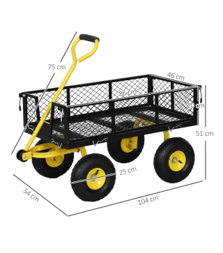Carro de Jardín Basculante Carga 200 kg con Paneles Laterales Desmontables y 4 Ruedas Neumáticas Negro y Amarillo