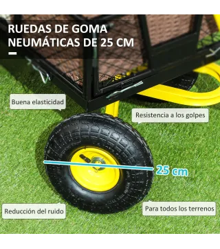 Carro de Jardín Basculante Carga 200 kg con Paneles Laterales Desmontables y 4 Ruedas Neumáticas Negro y Amarillo