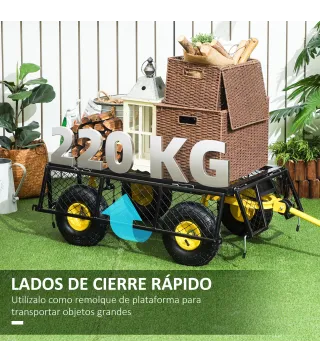 Carro de Jardín Basculante Carga 200 kg con Paneles Laterales Desmontables y 4 Ruedas Neumáticas Negro y Amarillo