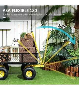 Carro de Jardín Basculante Carga 200 kg con Paneles Laterales Desmontables y 4 Ruedas Neumáticas Negro y Amarillo