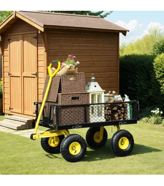 Carro de Jardín Basculante Carga 200 kg con Paneles Laterales Desmontables y 4 Ruedas Neumáticas Negro y Amarillo