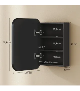 Armario de Baño con Espejo Diseño con Bordes Curvados Estantes Ajustables 40,2x10,2x50,9 cm Negro