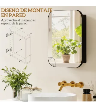 Armario de Baño con Espejo Diseño con Bordes Curvados Estantes Ajustables 40,2x10,2x50,9 cm Negro