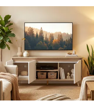 Mesa de TV para Salón con 3 Puertas para Televisión de 55 Pulgadas Estilo Moderno 120x35x45,5 cm Roble y Blanco