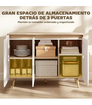 Aparador de Salón con 3 Puertas Estantes Ajustables Patas de Madera para Cocina Entrada 107x35x76,5 cm Roble y Blanco