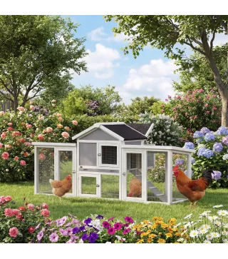 Gallinero para Exterior Grande de Madera 204x85x93 cm con Caja de Anidación Corral Bandeja Extraíble y Percha Gris