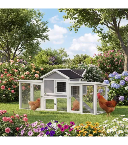 Gallinero para Exterior Grande de Madera 204x85x93 cm con Caja de Anidación Corral Bandeja Extraíble y Percha Gris