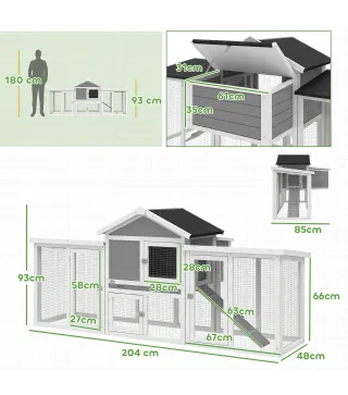 Gallinero para Exterior Grande de Madera 204x85x93 cm con Caja de Anidación Corral Bandeja Extraíble y Percha Gris