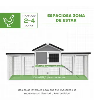 Gallinero para Exterior Grande de Madera 204x85x93 cm con Caja de Anidación Corral Bandeja Extraíble y Percha Gris