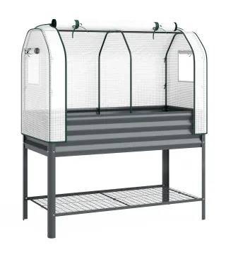 Huerto Urbano Elevado con Cubierta de Invernadero y Estante Inferior para Cultivo Plantas 120x55x140 cm Gris Oscuro