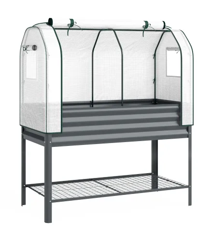 Huerto Urbano Elevado con Cubierta de Invernadero y Estante Inferior para Cultivo Plantas 120x55x140 cm Gris Oscuro