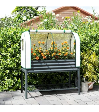 Huerto Urbano Elevado con Cubierta de Invernadero y Estante Inferior para Cultivo Plantas 120x55x140 cm Gris Oscuro