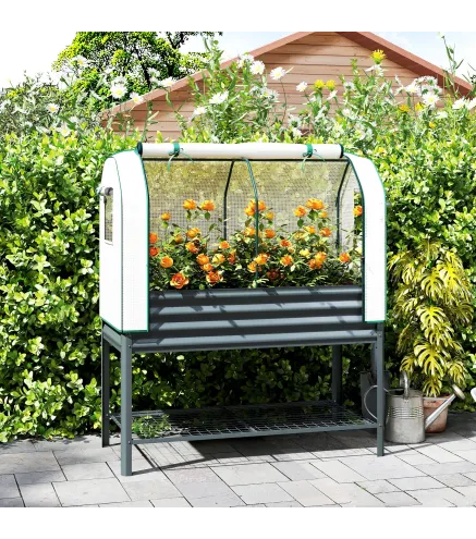 Huerto Urbano Elevado con Cubierta de Invernadero y Estante Inferior para Cultivo Plantas 120x55x140 cm Gris Oscuro