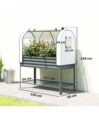 Huerto Urbano Elevado con Cubierta de Invernadero y Estante Inferior para Cultivo Plantas 120x55x140 cm Gris Oscuro