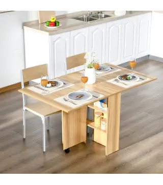 Mesa de Comedor Plegable con Ruedas Mesa Auxiliar Multifuncional con Alas Abatibles y Estantes 140x80x74cm Madera