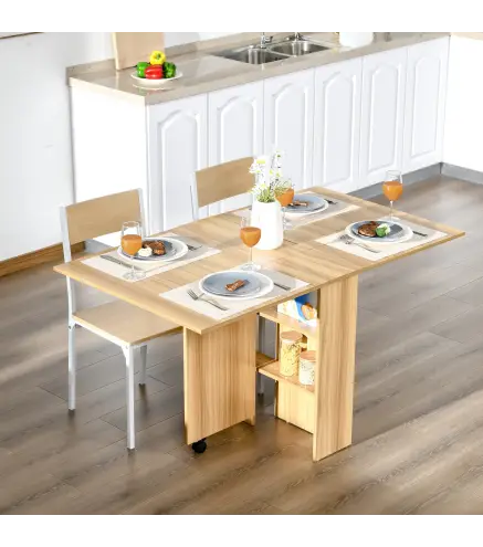 Mesa de Comedor Plegable con Ruedas Mesa Auxiliar Multifuncional con Alas Abatibles y Estantes 140x80x74cm Madera