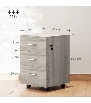 Cajonera de Escritorio con 3 Cajones Ruedas Cerradura 2 Llaves Archivador Móvil para Estudio Salón 40x40x61,5 cm Gris