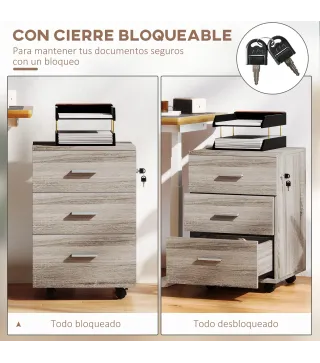 Cajonera de Escritorio con 3 Cajones Ruedas Cerradura 2 Llaves Archivador Móvil para Estudio Salón 40x40x61,5 cm Gris