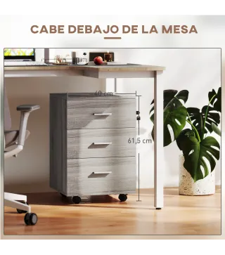 Cajonera de Escritorio con 3 Cajones Ruedas Cerradura 2 Llaves Archivador Móvil para Estudio Salón 40x40x61,5 cm Gris