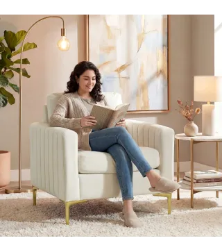 Butaca de Salón Tapizada en Terciopelo Acolchado Grueso Asiento Ancho Reposabrazos Almohadilla 81x77x81 cm Crema