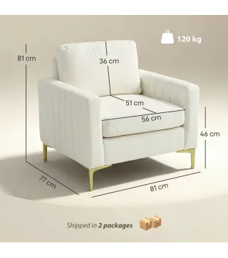 Butaca de Salón Tapizada en Terciopelo Acolchado Grueso Asiento Ancho Reposabrazos Almohadilla 81x77x81 cm Crema
