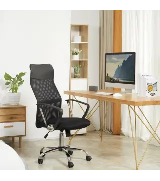 Silla de Oficina Giratoria Ergonómica Sillón de Escritorio de Malla con Ruedas de PVC Respaldo Alto Carga 120kg Negro