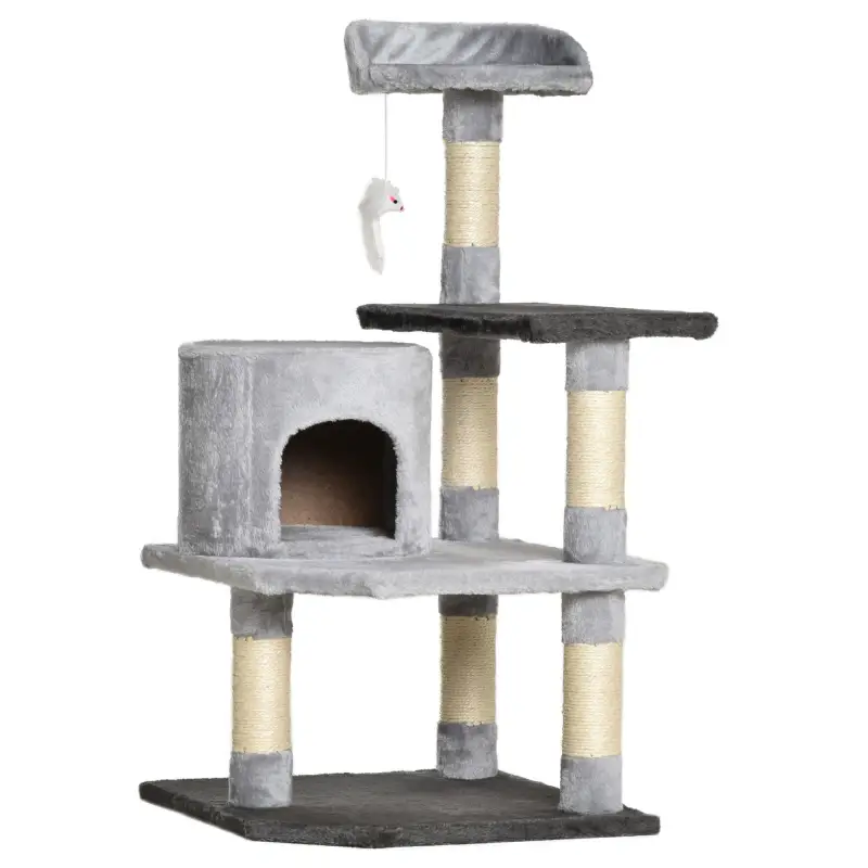 Torre para Gatos con Plataformas Casetas Ratón de Juego Postes para Rascar y Cubierto de Felpa 48x48x100 cm Gris