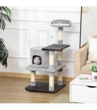Torre para Gatos con Plataformas Casetas Ratón de Juego Postes para Rascar y Cubierto de Felpa 48x48x100 cm Gris