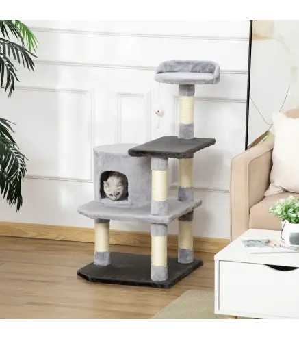 Torre para Gatos con Plataformas Casetas Ratón de Juego Postes para Rascar y Cubierto de Felpa 48x48x100 cm Gris