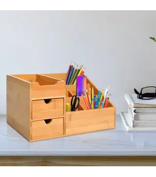 Organizador de Escritorio de Bambú Organizador de Mesa con 2 Cajones 6 Compartimentos y Estante para Oficina Hogar 33x20,5x15,5