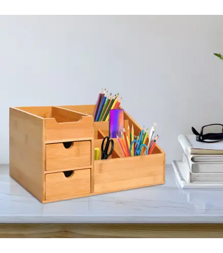 Organizador de Escritorio de Bambú Organizador de Mesa con 2 Cajones 6 Compartimentos y Estante para Oficina Hogar 33x20,5x15,5