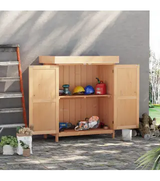 Armario de Jardín de Madera 74x43x88 cm Cobertizo Exterior para Almacenamiento de Herramientas Leñas con 2 Puertas y Techo Asfál