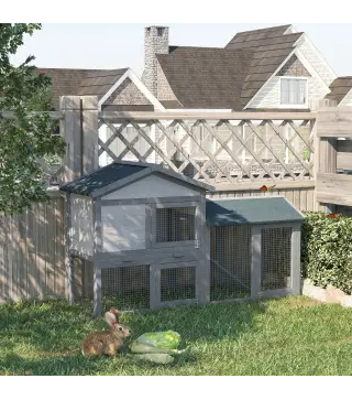 Conejera de Madera de Exterior Jaula para Conejos con Bandeja Extraíble y Rampa Antideslizante 147x54x84 cm Gris