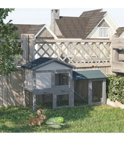 Conejera de Madera de Exterior Jaula para Conejos con Bandeja Extraíble y Rampa Antideslizante 147x54x84 cm Gris