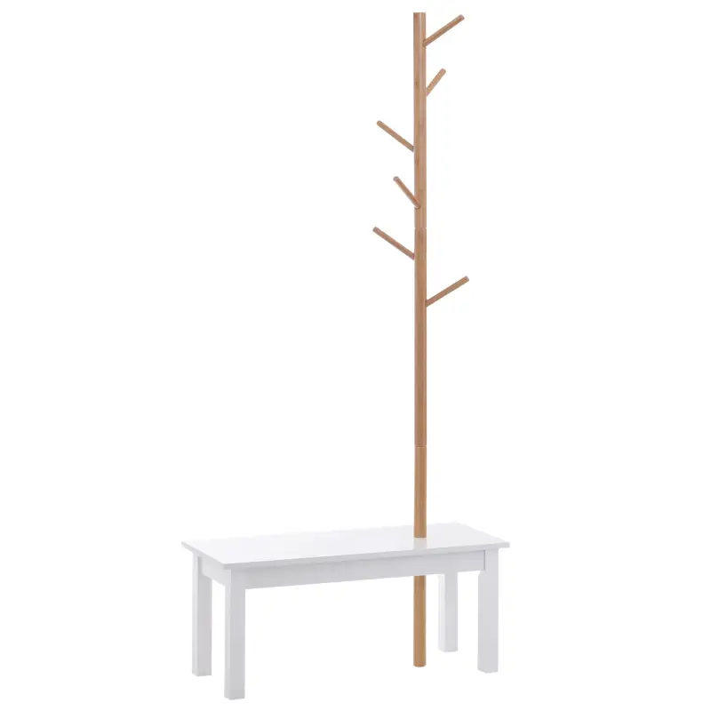 Perchero de Pie con Banco Colgador Tipo Árbol Moderno 6 Ganchos para Colgar Ropa Bolsa Pasillo Entrada Bambú y MDF 80x30x180cm