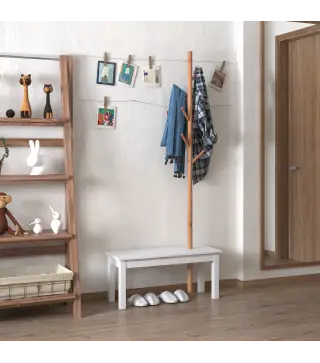 Perchero de Pie con Banco Colgador Tipo Árbol Moderno 6 Ganchos para Colgar Ropa Bolsa Pasillo Entrada Bambú y MDF 80x30x180cm