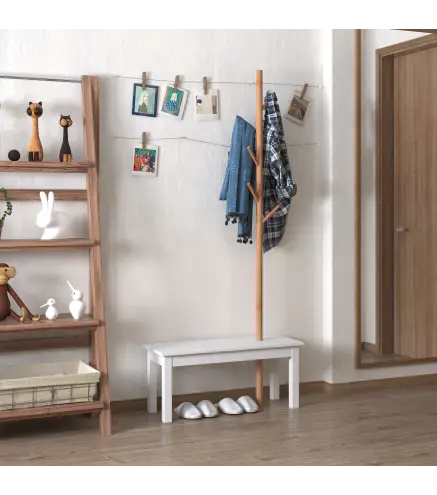 Perchero de Pie con Banco Colgador Tipo Árbol Moderno 6 Ganchos para Colgar Ropa Bolsa Pasillo Entrada Bambú y MDF 80x30x180cm