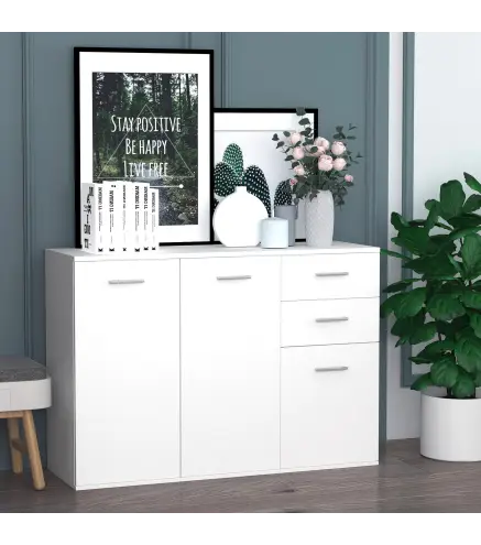 Armario de Cocina con 2 Puertas Buffet de Salón Moderno con 2 Cajones Estante Ajustable 106x35x76cm Blanco Brillante