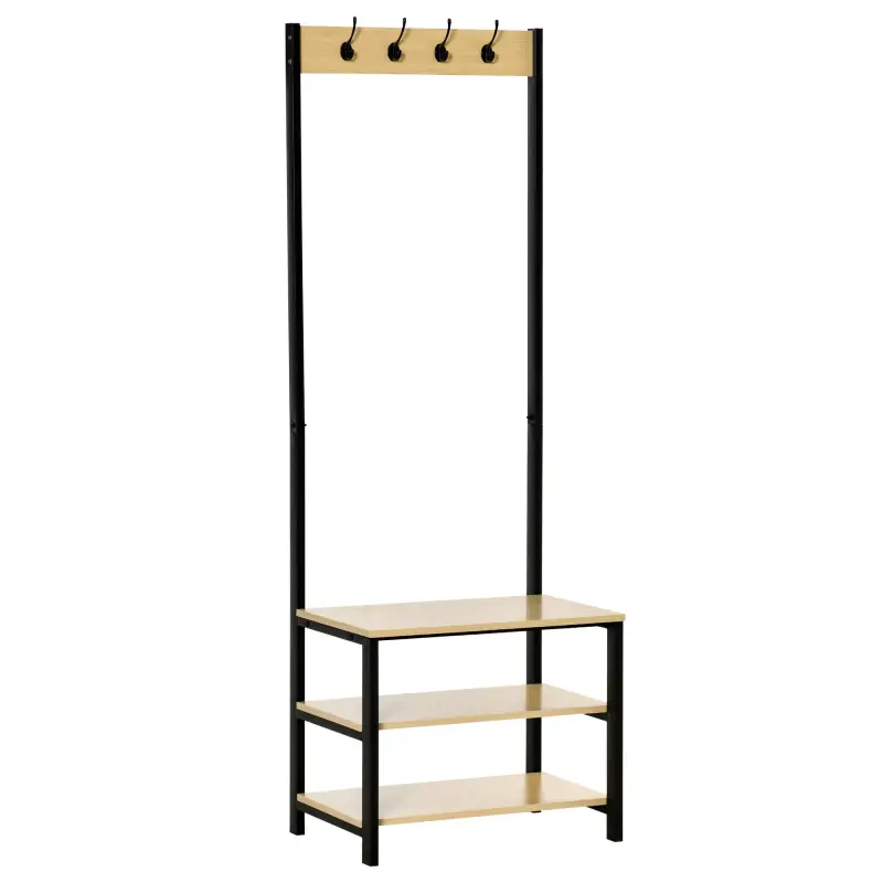 Perchero Metálico Zapatero con 3 Estantes y 4 Ganchos para Colgar Ropas para Pasillo Entrada 60x40x175cm Negro y Natural Perchero Metálico Zapatero con 3 Estantes y 4 Ganchos para Colgar Ropas para Pasillo Entrada 60x40x175cm Negro y Natural