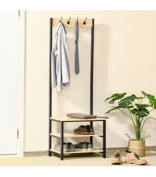 Perchero Metálico Zapatero con 3 Estantes y 4 Ganchos para Colgar Ropas para Pasillo Entrada 60x40x175cm Negro y Natural